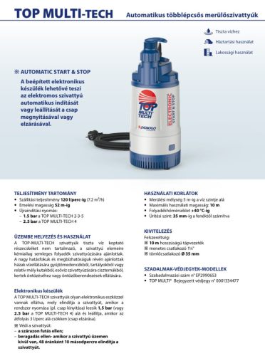 TOP MULTI TECH 2 automata többlépcsős elektromos merülőszivattyú