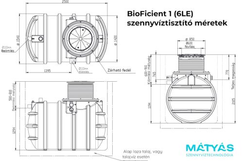 BioFicient 1 (6LE) házi szennyvíztisztító berendezés MBBR technológiával, 1 - 6 személyig, 0.9 m3/napig, belső gépészettel, gravitációs kivezetéssel
