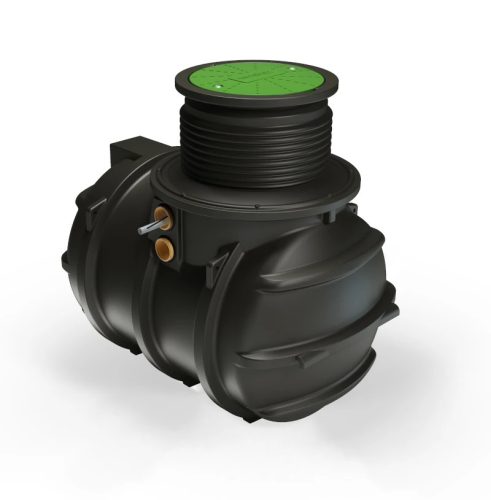 RainStore 3000 esővíz/szennyvíz gyűjtő tartály, 3000L (3 m3) kapacitással, zárható és lépésálló fedéllel, teleszkópos nyakmagasítóval és túlfolyóval