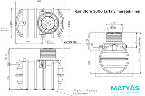 RainStore 3000 esővíz/szennyvíz gyűjtő tartály, 3000L (3 m3) kapacitással, zárható és lépésálló fedéllel, teleszkópos nyakmagasítóval és túlfolyóval