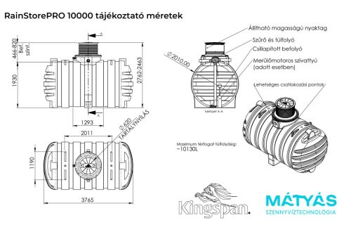 RainStorePRO 10000 esővíz/szennyvíz tartály, 10000L (10 m3) kapacitással, zárható fedéllel és gyári nyakmagasítóval