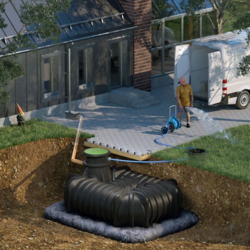 RainStoreFLAT 5 - ~5 m3-es lapos profilú esővíz/szennyvíz tarály - lépésálló és zárható fedéllel, gyári nyakmagasítóval