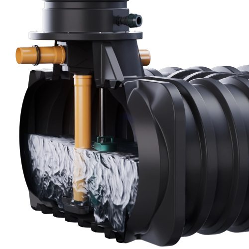 RainStoreFLAT 5 - ~5 m3-es lapos profilú esővíz/szennyvíz tarály - lépésálló és zárható fedéllel, gyári nyakmagasítóval